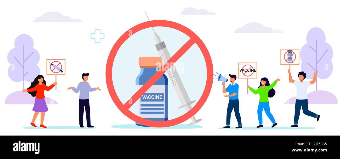 Anti vaccination protest Flat vector illustration Vaccine refusal Mandatory immunization Vaccination hesitancy No vax concept. Patients with doctor an Stock Vector