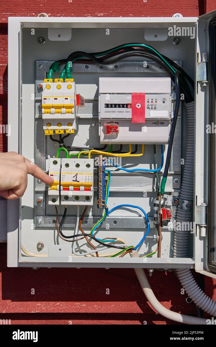 Electricity meter and circuit breakers in consumer unit Stock Photo Alamy