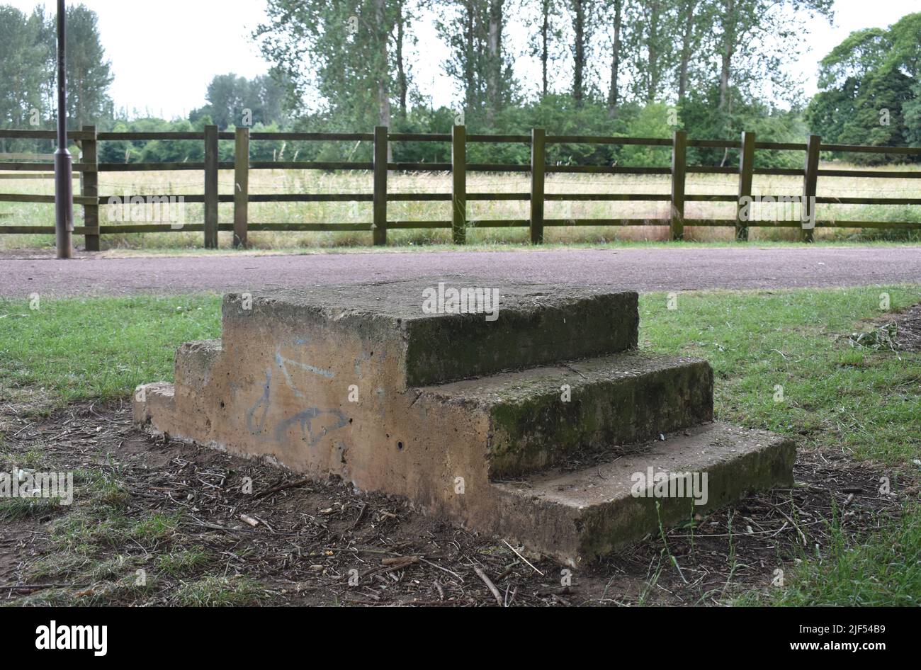 A mounting block in Milton Keynes - a remnant of the times when transport meant horses. Stock Photo