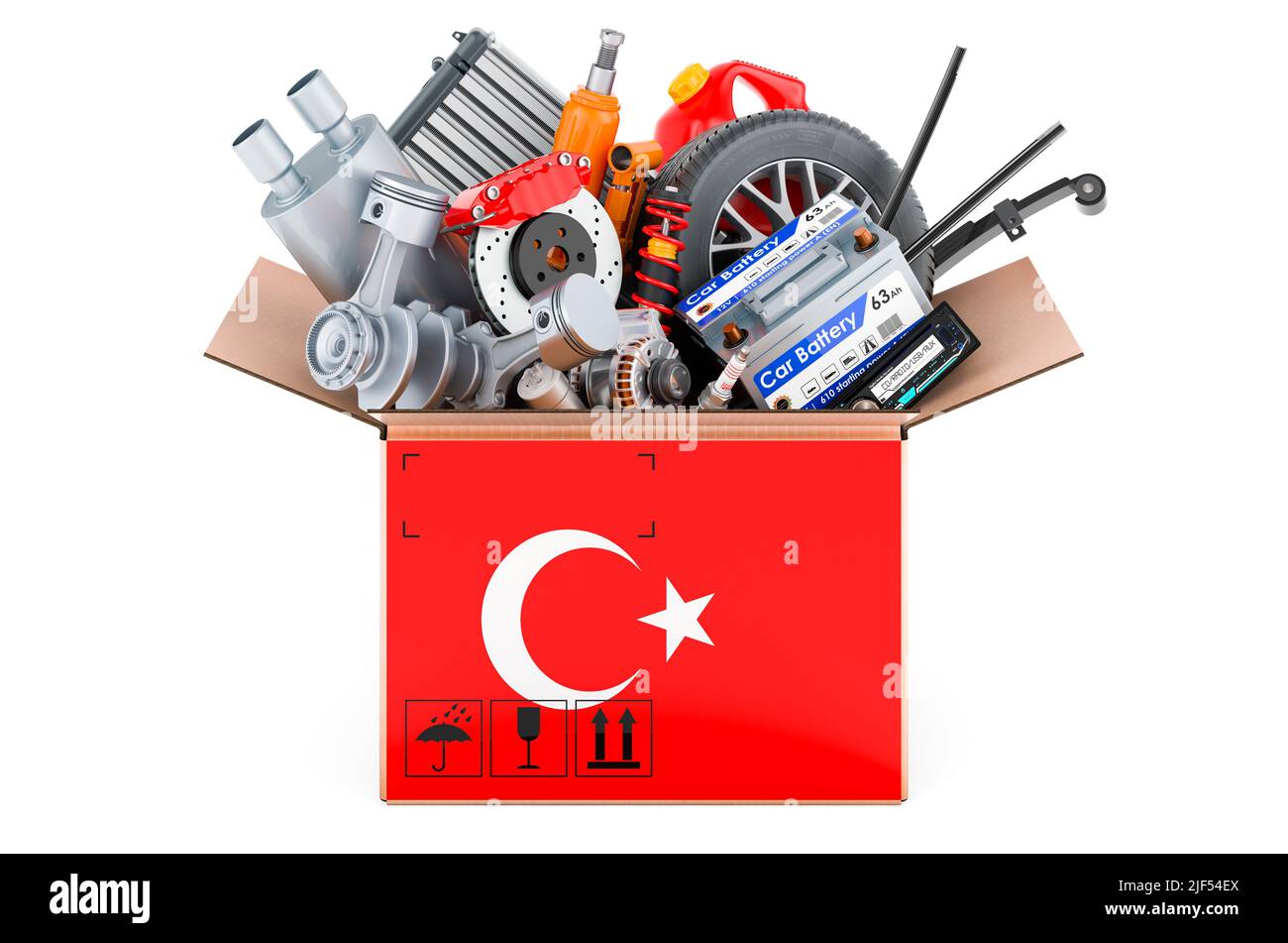 Turkish flag painted on the parcel with car parts. 3D rendering