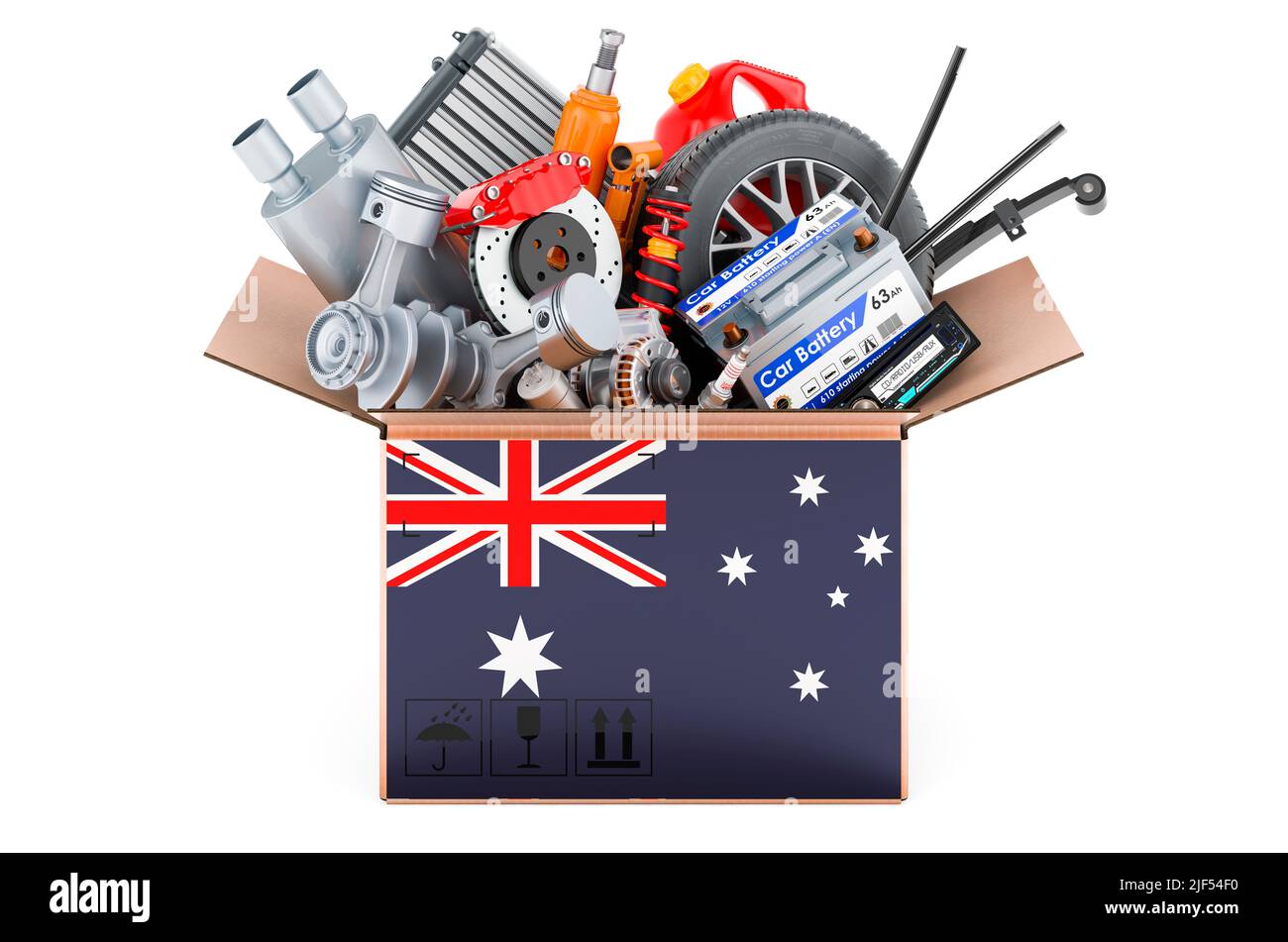 Australian flag painted on the parcel with car parts. 3D rendering isolated on white background Stock Photo