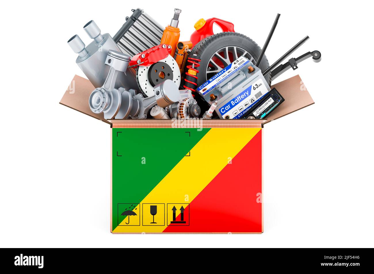 Congolese flag painted on the parcel with car parts. 3D rendering isolated on white background Stock Photo