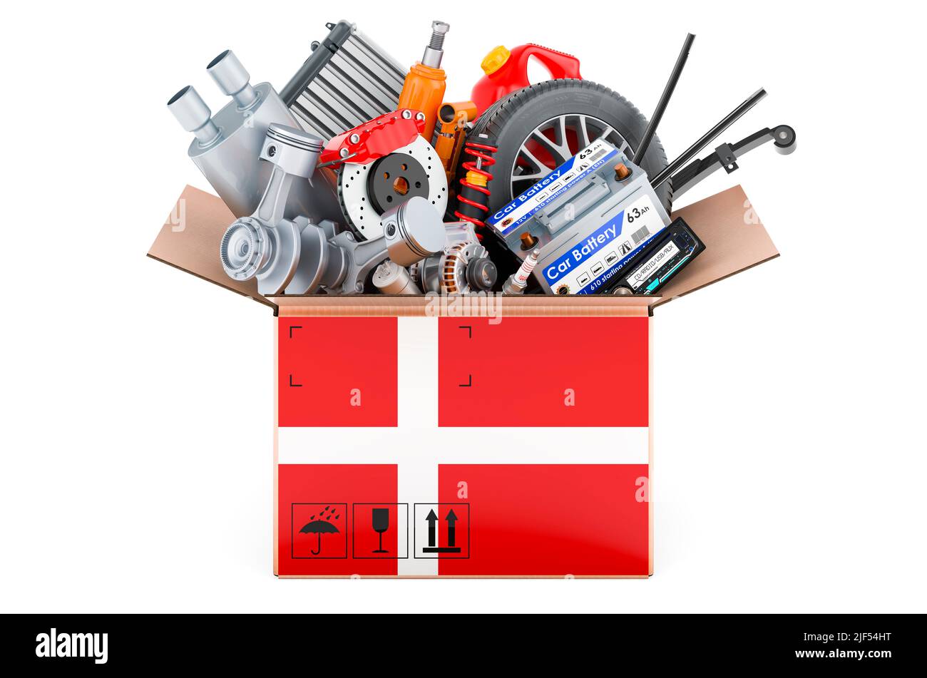 Danish flag painted on the parcel with car parts. 3D rendering isolated