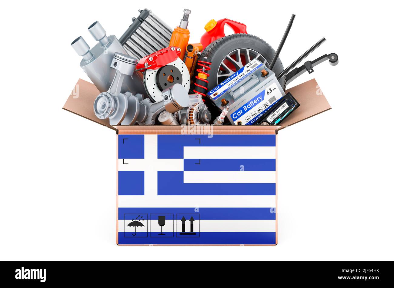Greek flag painted on the parcel with car parts. 3D rendering isolated on white background Stock Photo