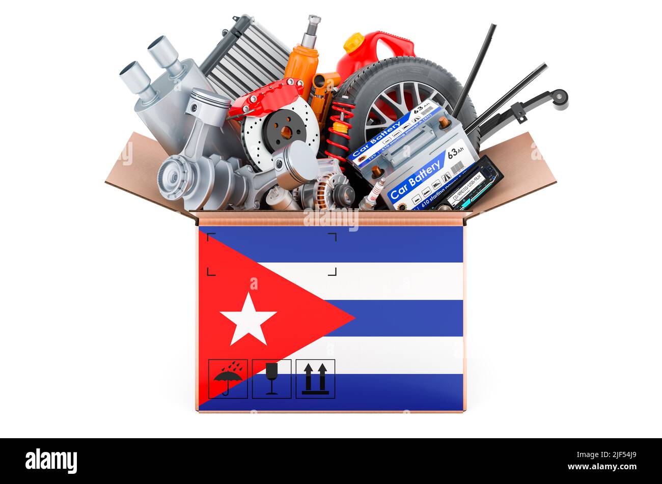Cuban flag painted on the parcel with car parts. 3D rendering isolated