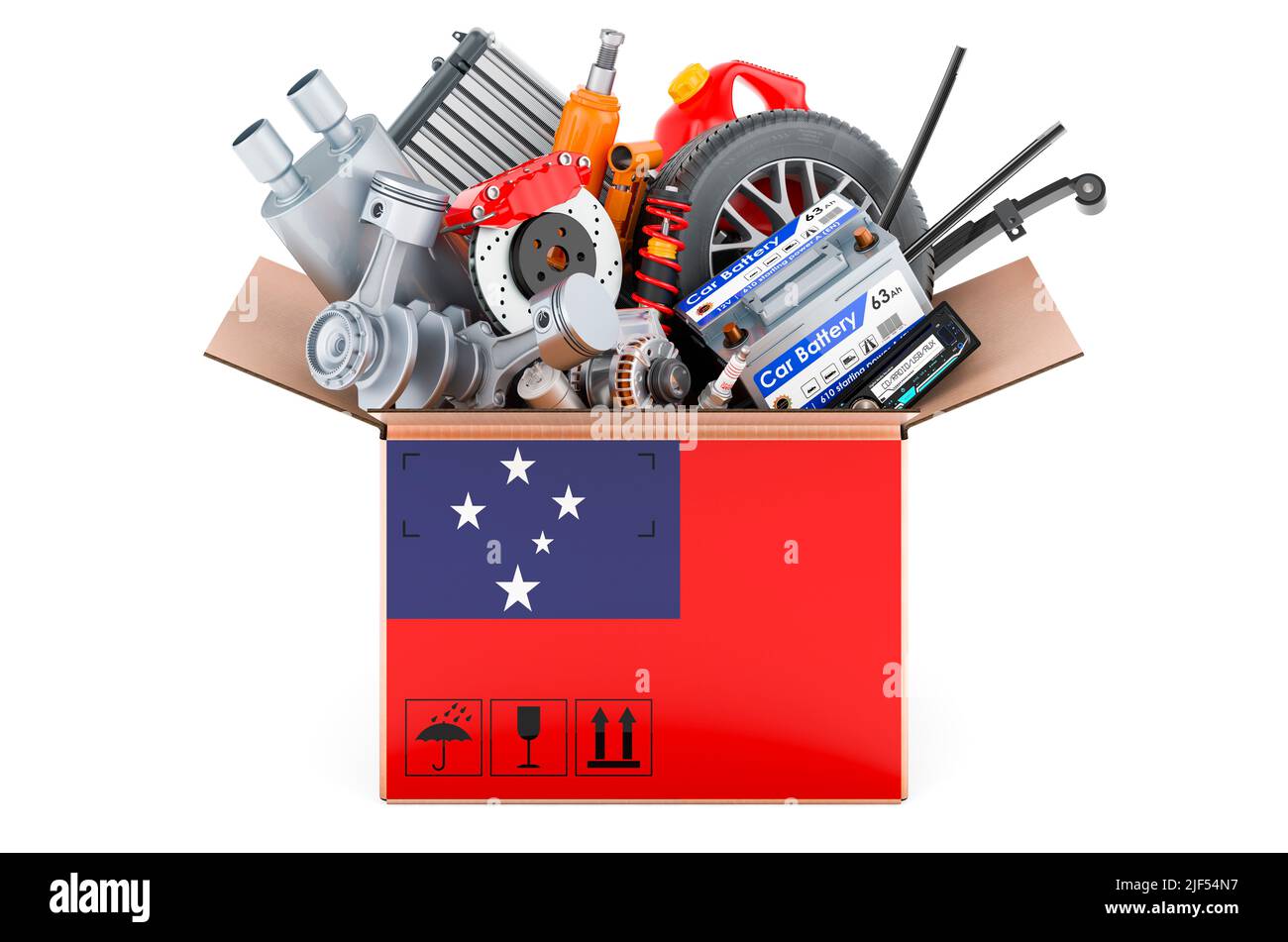 Samoan flag painted on the parcel with car parts. 3D rendering isolated