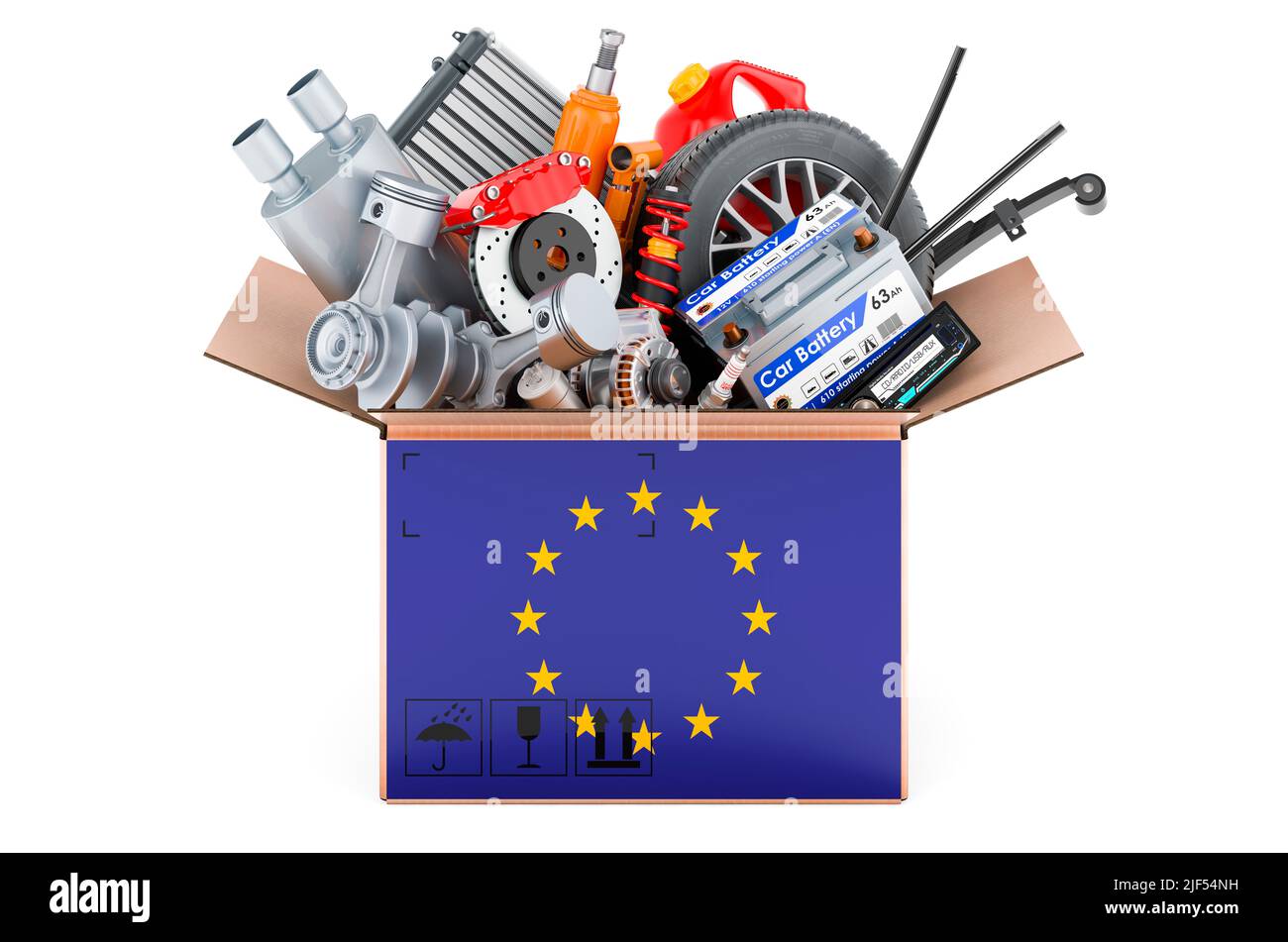 The EU flag painted on the parcel with car parts. 3D rendering isolated on white background Stock Photo