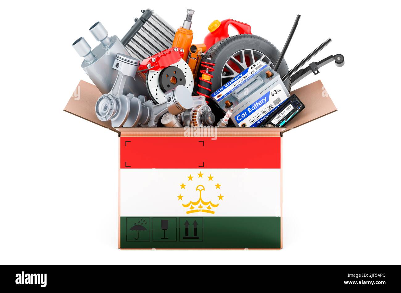 Tajik flag painted on the parcel with car parts. 3D rendering isolated on white background Stock Photo