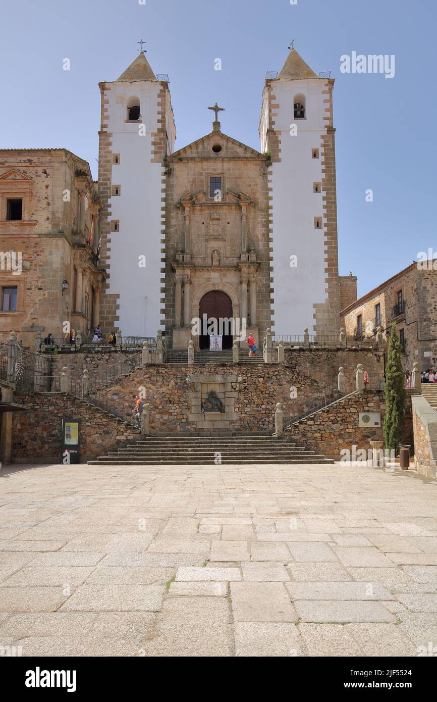 Plaza de San Jorge with Iglesia de San Francisco Javier church in the UNESCO old town of Caceres, Extremadura, Spain Stock Photo