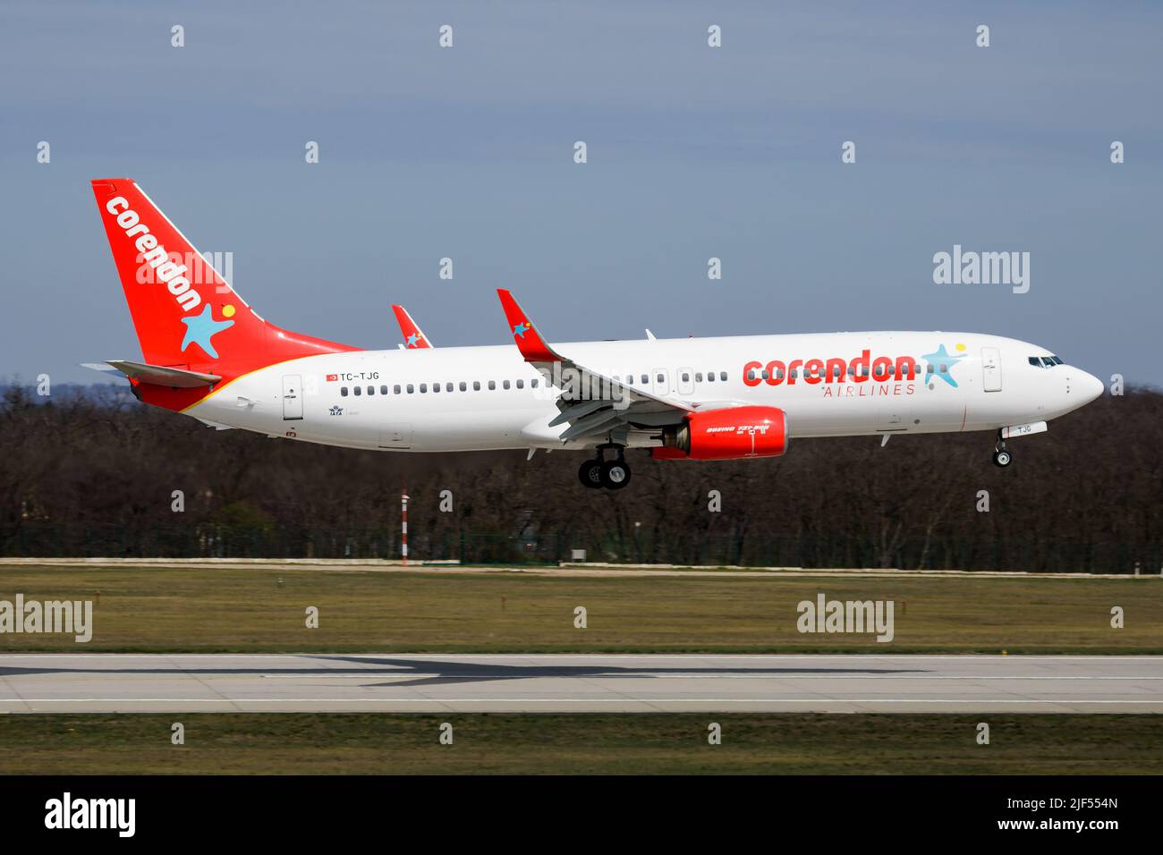 Budapest, Hungary - April 1, 2016: Corendon Airlines passenger plane at airport. Schedule flight travel. Aviation and aircraft. Air transport. Global Stock Photo