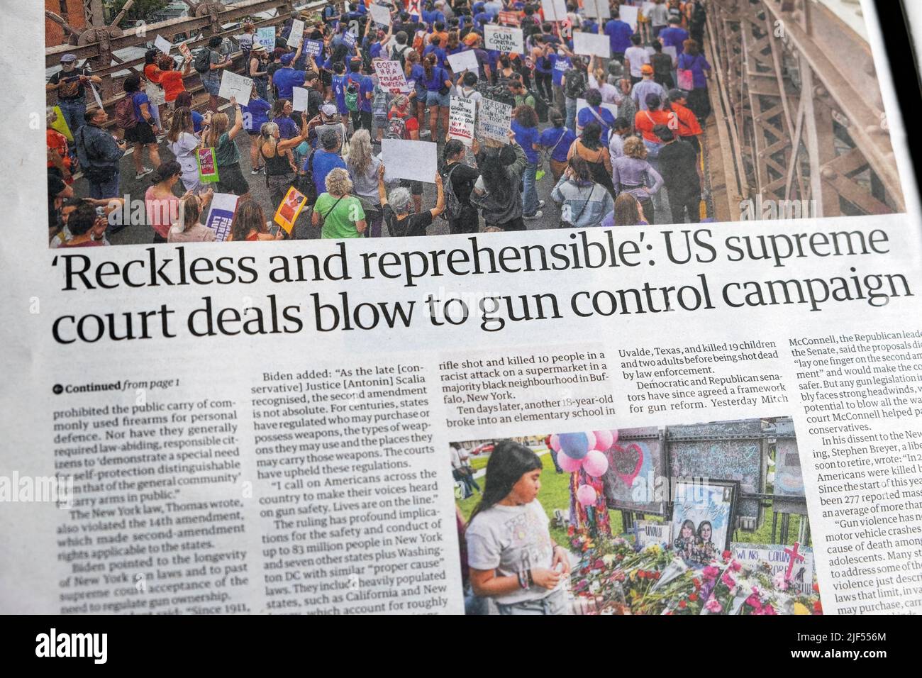 'Reckless and reprehensible: US supreme court deals blow to gun control campaign' Guardian newspaper headline Uvalde guns article on 23 June 2022 UK Stock Photo
