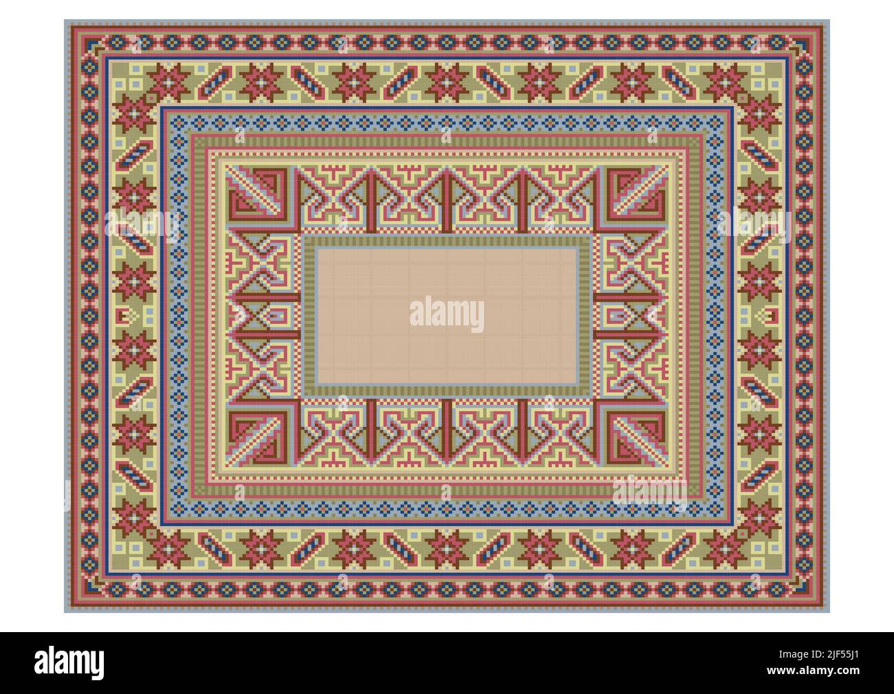 Delicate carpet with a patterned border and an original geometric pattern in light pastel shades of pink, bluish, grayish beige and brown on a white b Stock Vector