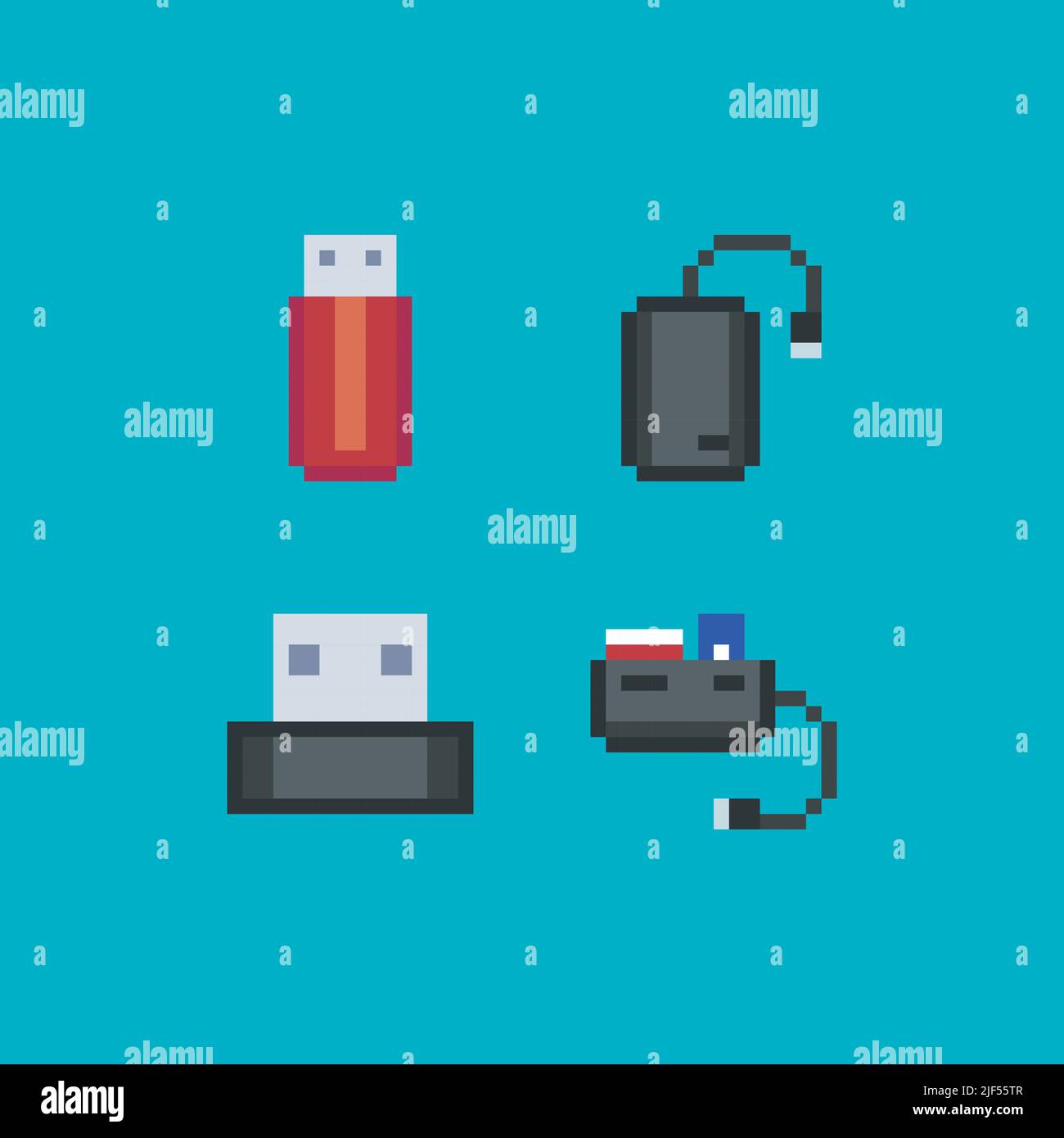 Pixel art usb flash drive, card reader and external storage device, vector 8 bit icon set on light blue background. Video game 8-bit sprite isolated Stock Vector