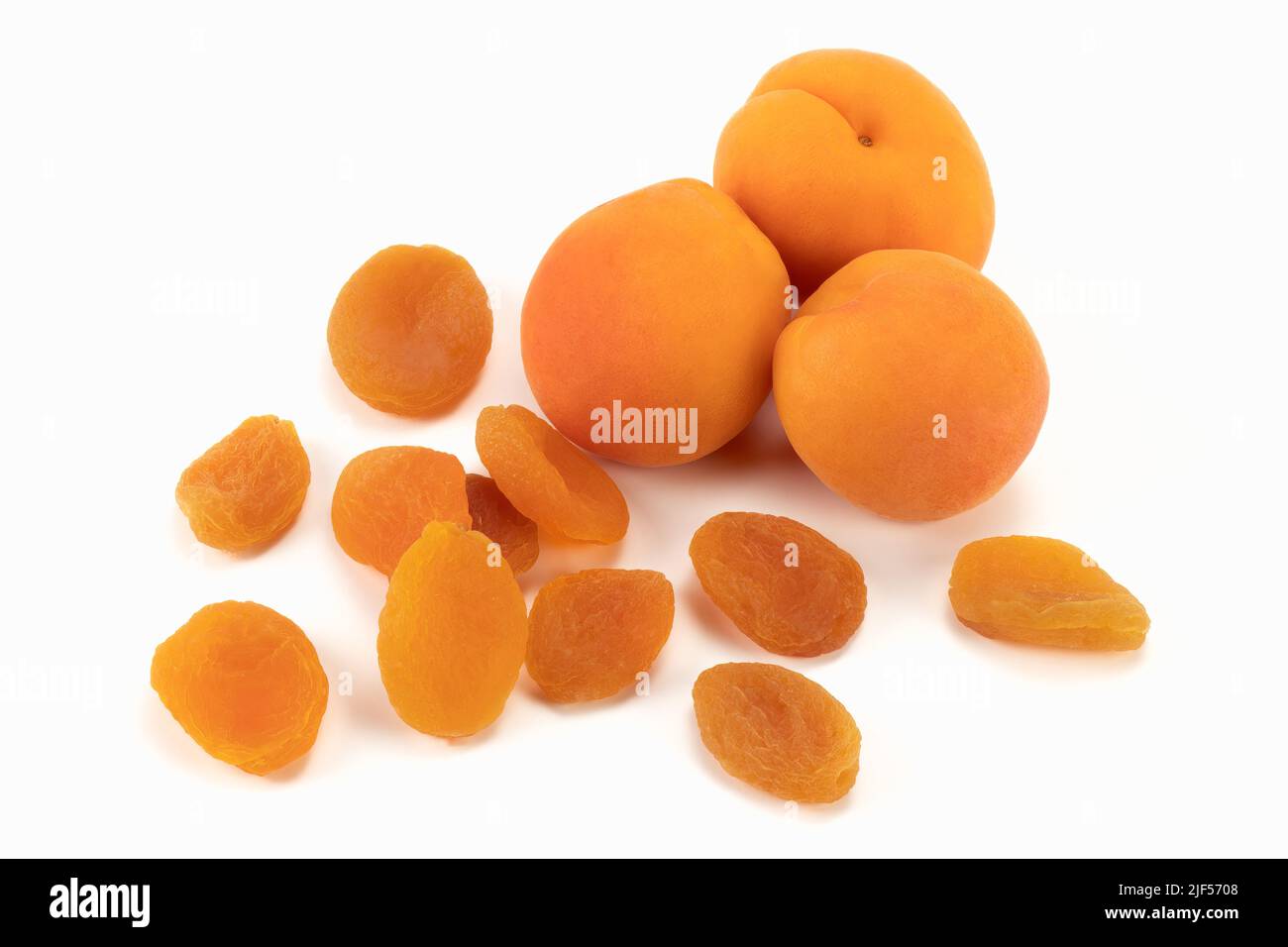 Fresh and dried apricots. Close up view. Stock Photo