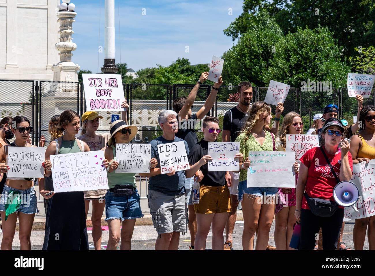 Washington, DC - June 28, 2022: Pro Abortion protesters in front of the Supreme Court building. Stock Photo