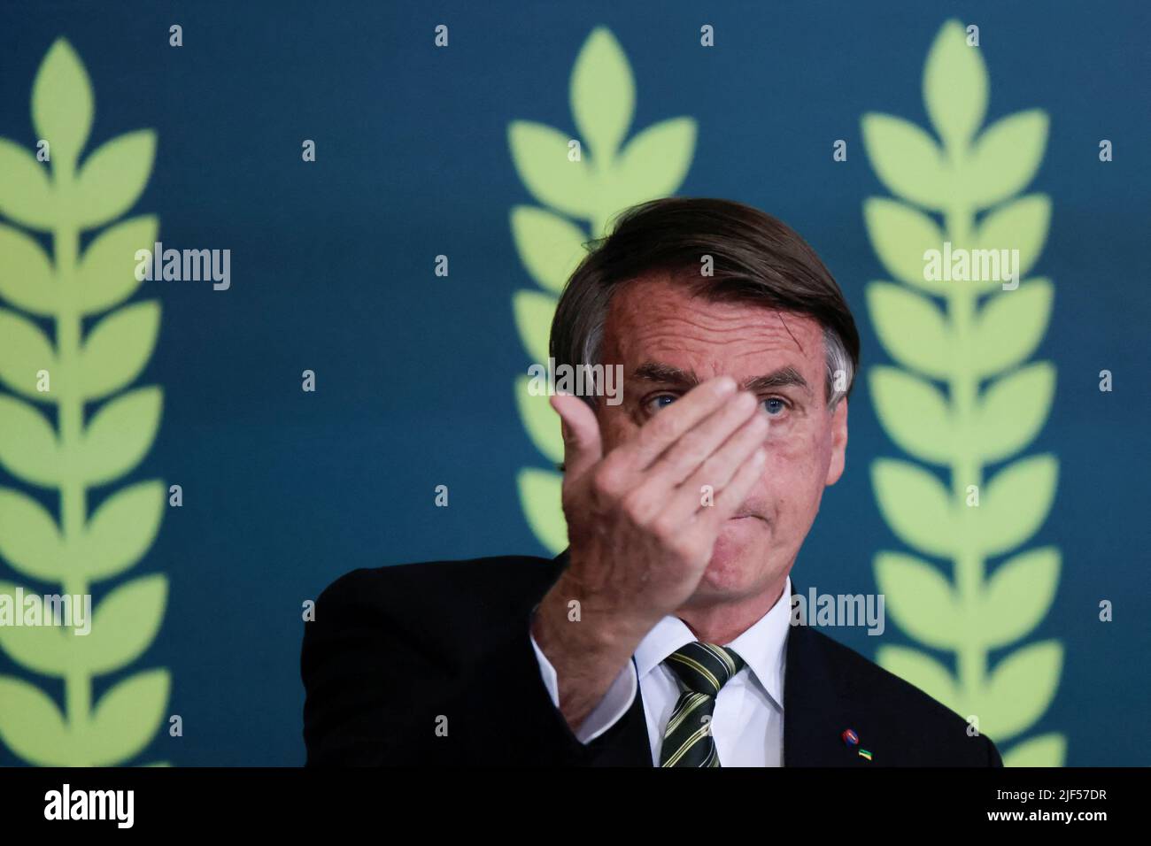 Brazil?s President Jair Bolsonaro gestures during the launching ceremony of the Plano Safra 2021/2022, an action plan for the agricultural sector, in Brasilia, Brazil June 29, 2022. REUTERS/Ueslei Marcelino Stock Photo