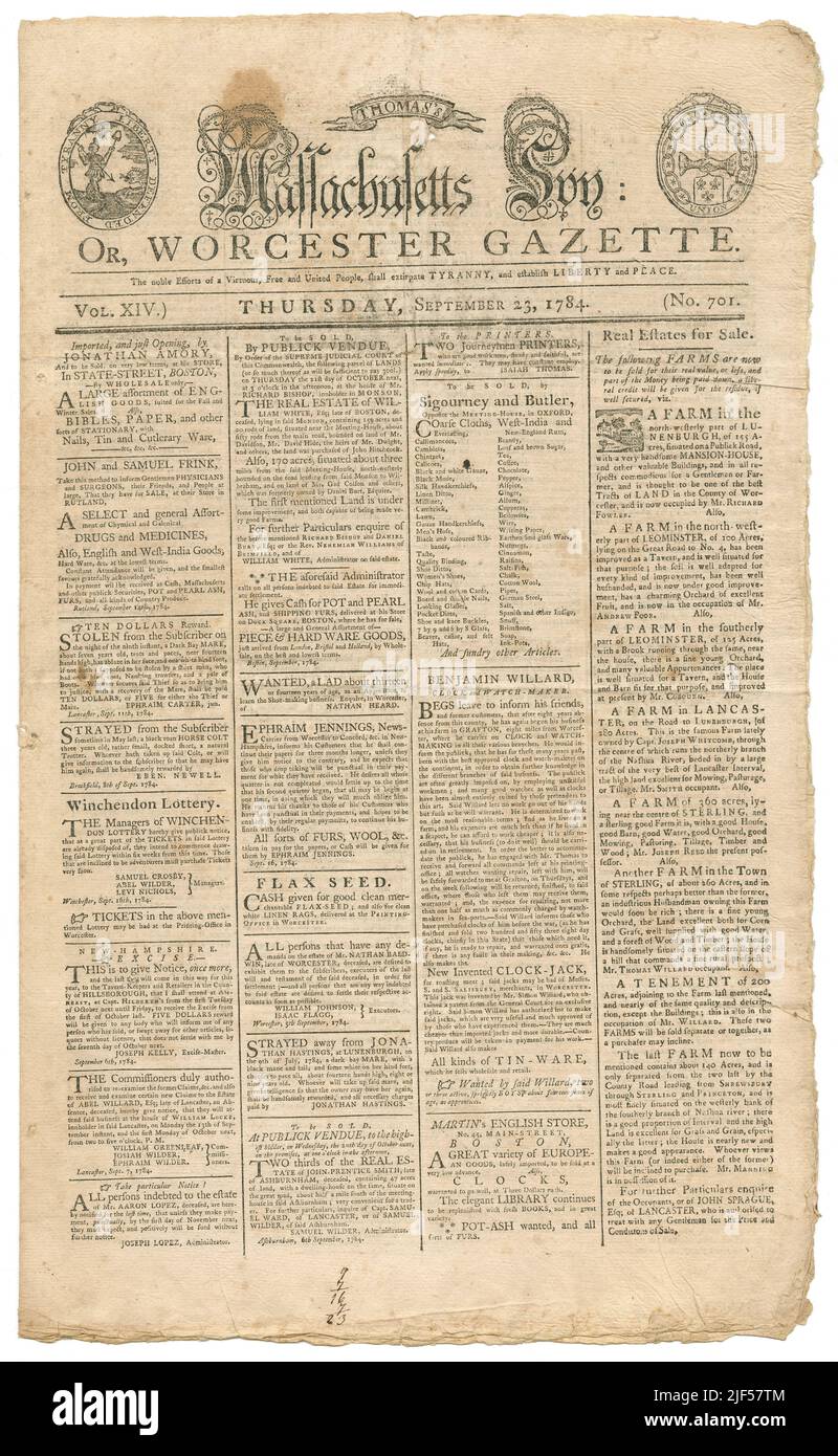 The September 23, 1784 issue of the Massachusetts Spy or Worcester Gazette newspaper, published by Isaiah Thomas. Isaiah Thomas (1749-1831) was an early American printer, newspaper publisher and author. He performed the first public reading of the Declaration of Independence in Worcester, Massachusetts, and reported the first account of the Battles of Lexington and Concord. He was the founder of the American Antiquarian Society. SOURCE: ORIGINAL NEWSPAPER Stock Photo
