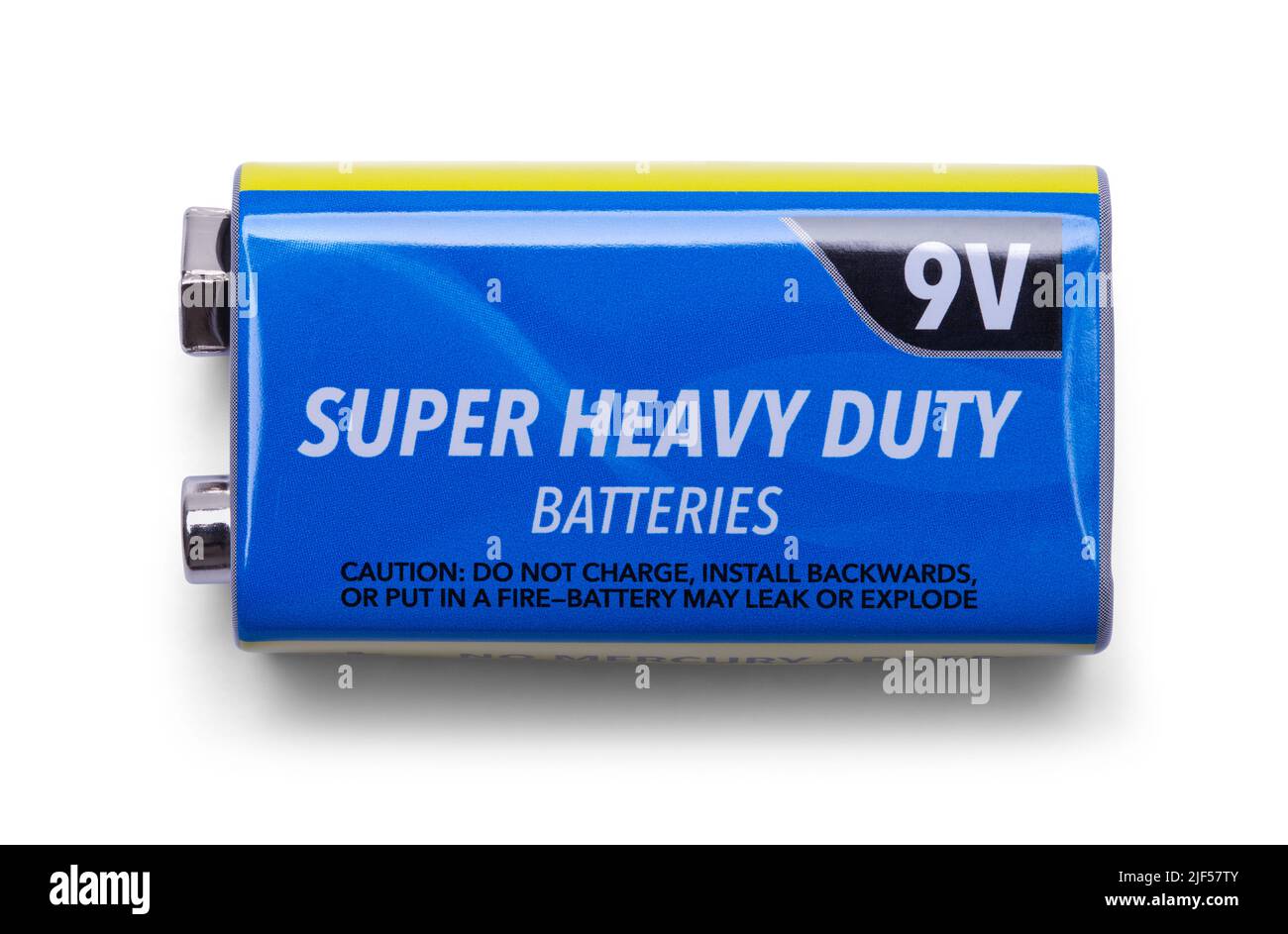 Blue Nine Volt Battery Top View Cut Out on White. Stock Photo