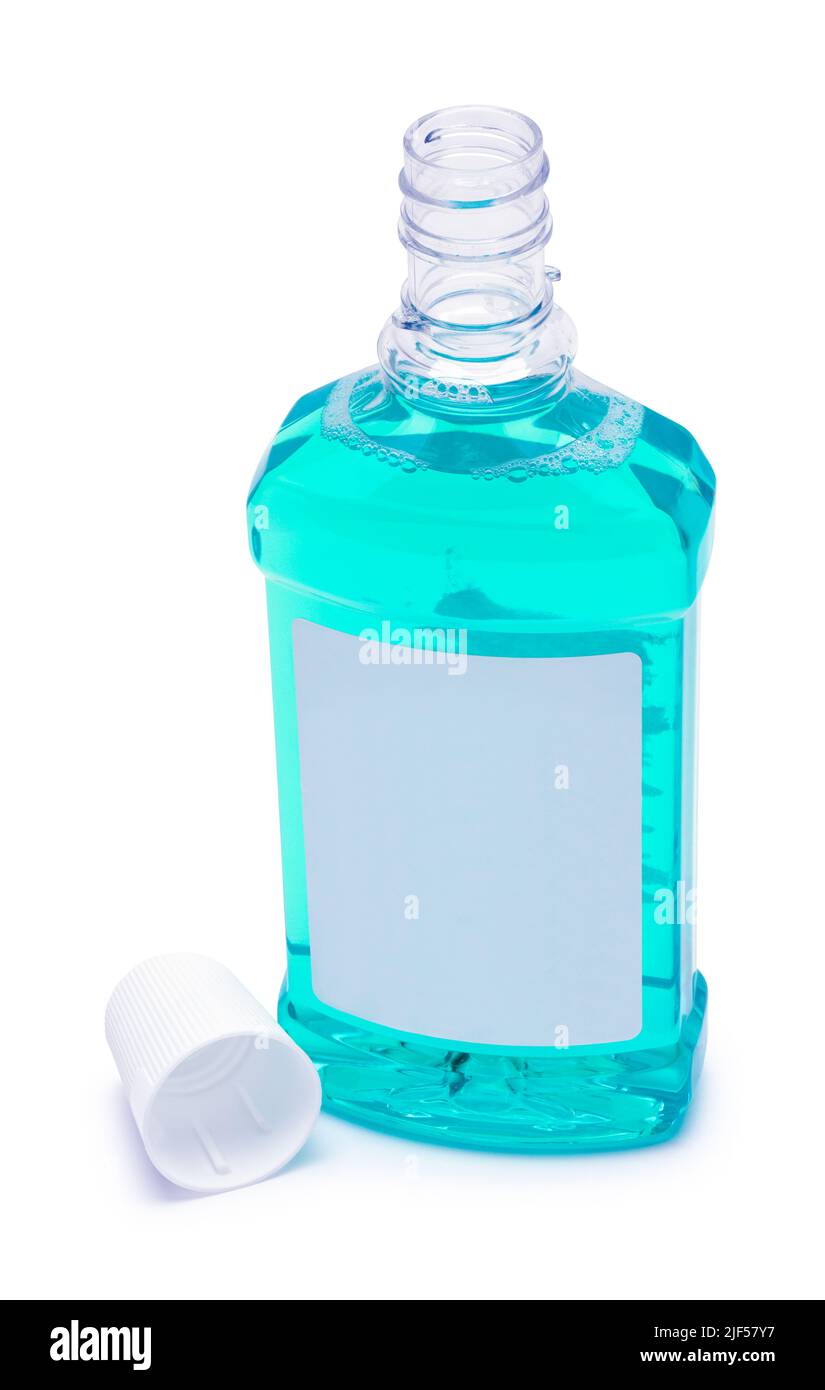 Open Bottle of Mouthwash Cut Out on White. Stock Photo