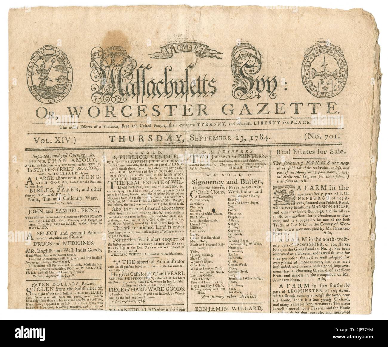 The September 23, 1784 issue of the Massachusetts Spy or Worcester Gazette newspaper, published by Isaiah Thomas. Isaiah Thomas (1749-1831) was an early American printer, newspaper publisher and author. He performed the first public reading of the Declaration of Independence in Worcester, Massachusetts, and reported the first account of the Battles of Lexington and Concord. He was the founder of the American Antiquarian Society. SOURCE: ORIGINAL NEWSPAPER Stock Photo