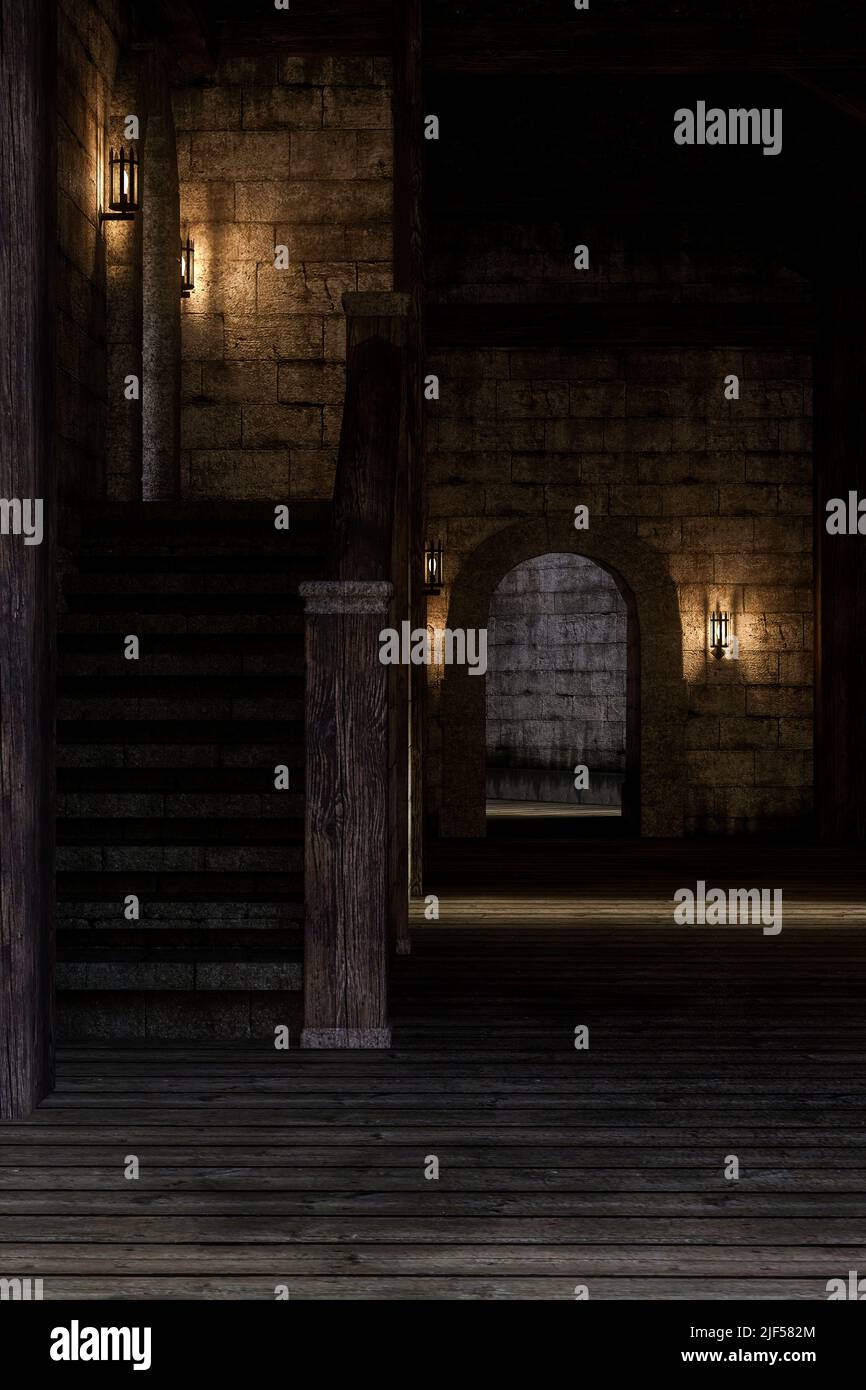 Portrait format 3D rendering of medieval castle hallway and stairs. Stock Photo