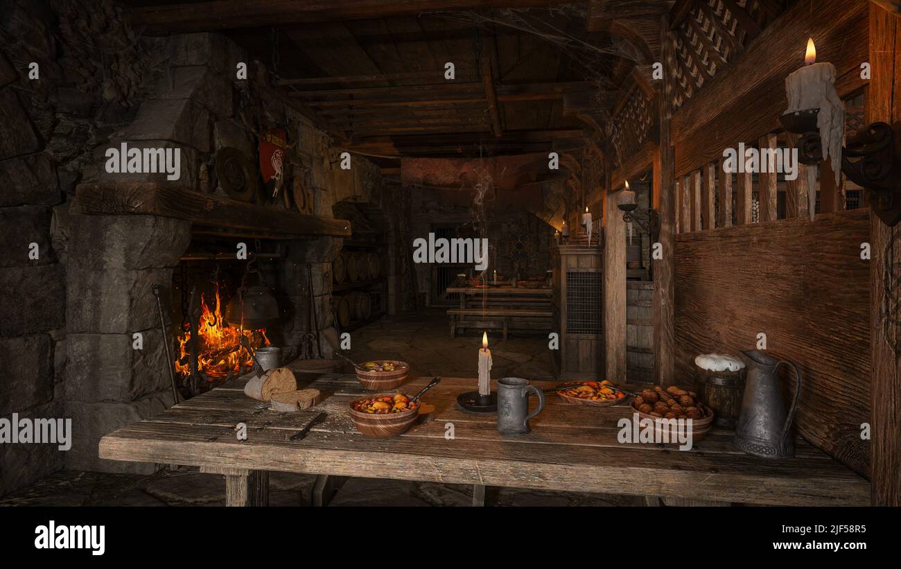 Atmospheric medieval tavern interior with dining table lit by window light and open fireplace in the background. 3D rendering. Stock Photo