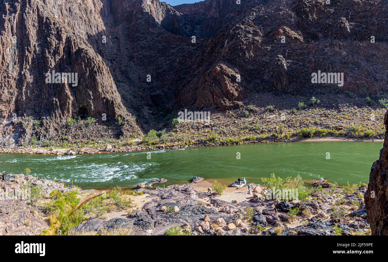 River Rafts on Pipe Creek Beach, River Trail, Grand Canyon National Park, Arizona, USA Stock Photo