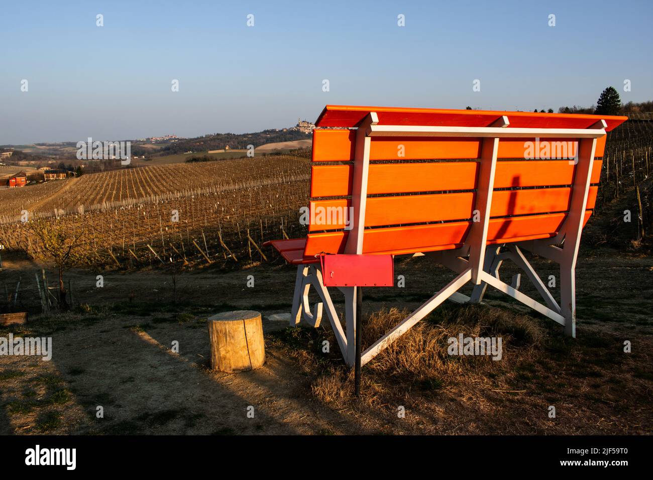 Big bench in Vignale Monferrato (Alessandria), Piedmont, Italy - Panchina gigante a Vignale Monferrato (Alessandria), Piemonte, Italia Stock Photo