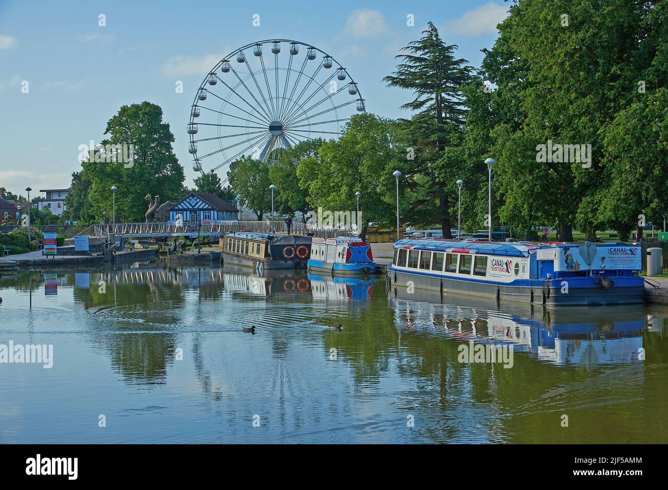 Boats moored in Bancroft Basin, Stratford upon Avon at the start and end of the Stratford on Avon canal Stock Photo