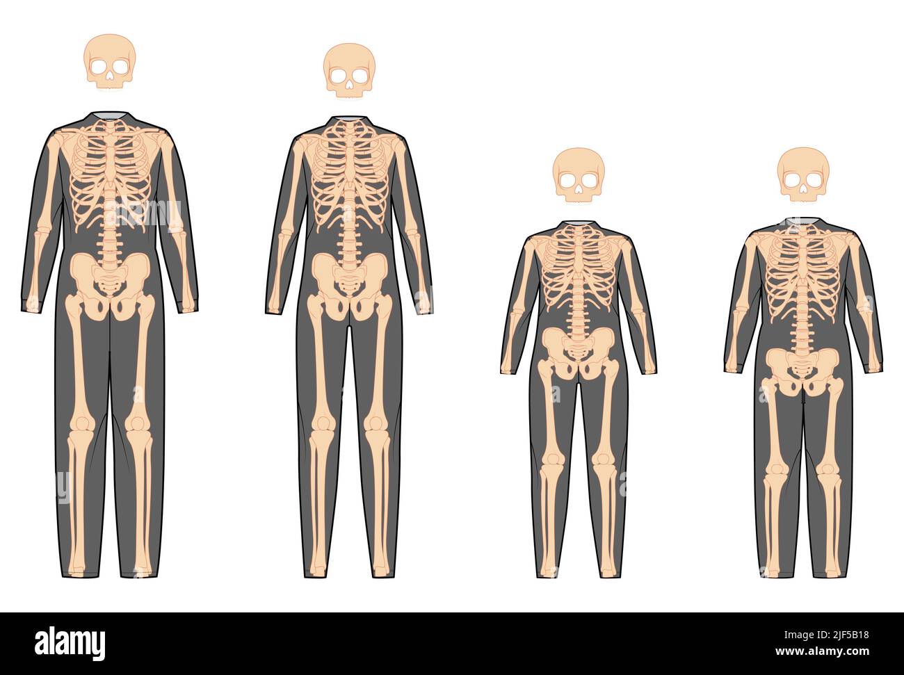 Set of Skeleton costume Human bones for whole family front view men women, boy, girl for Halloween, festivals, Day of the dead flat black color concept Vector illustration of anatomy isolated Stock Vector