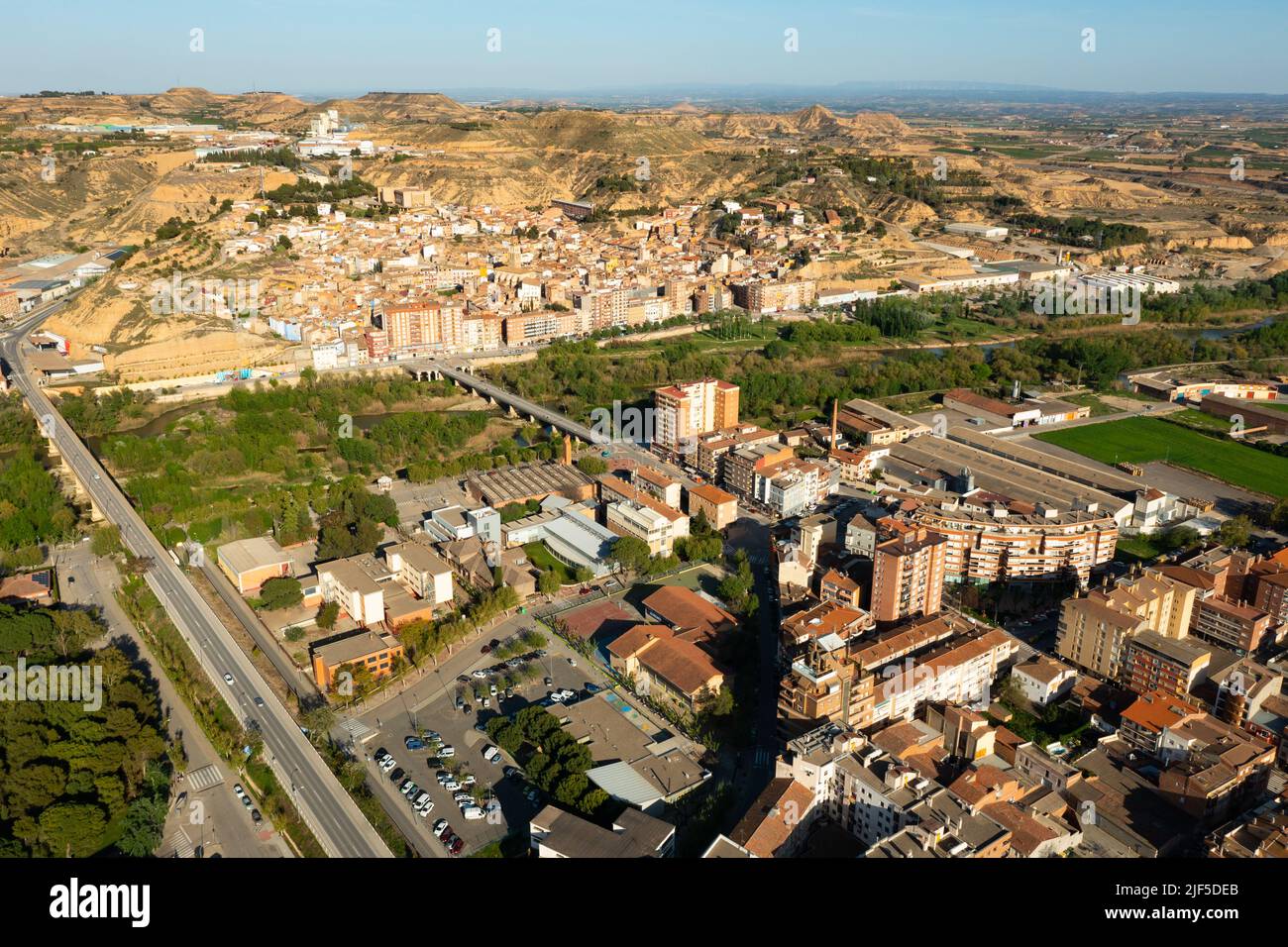 Aerial townscape of Fraga with view of Cinca River Stock Photo