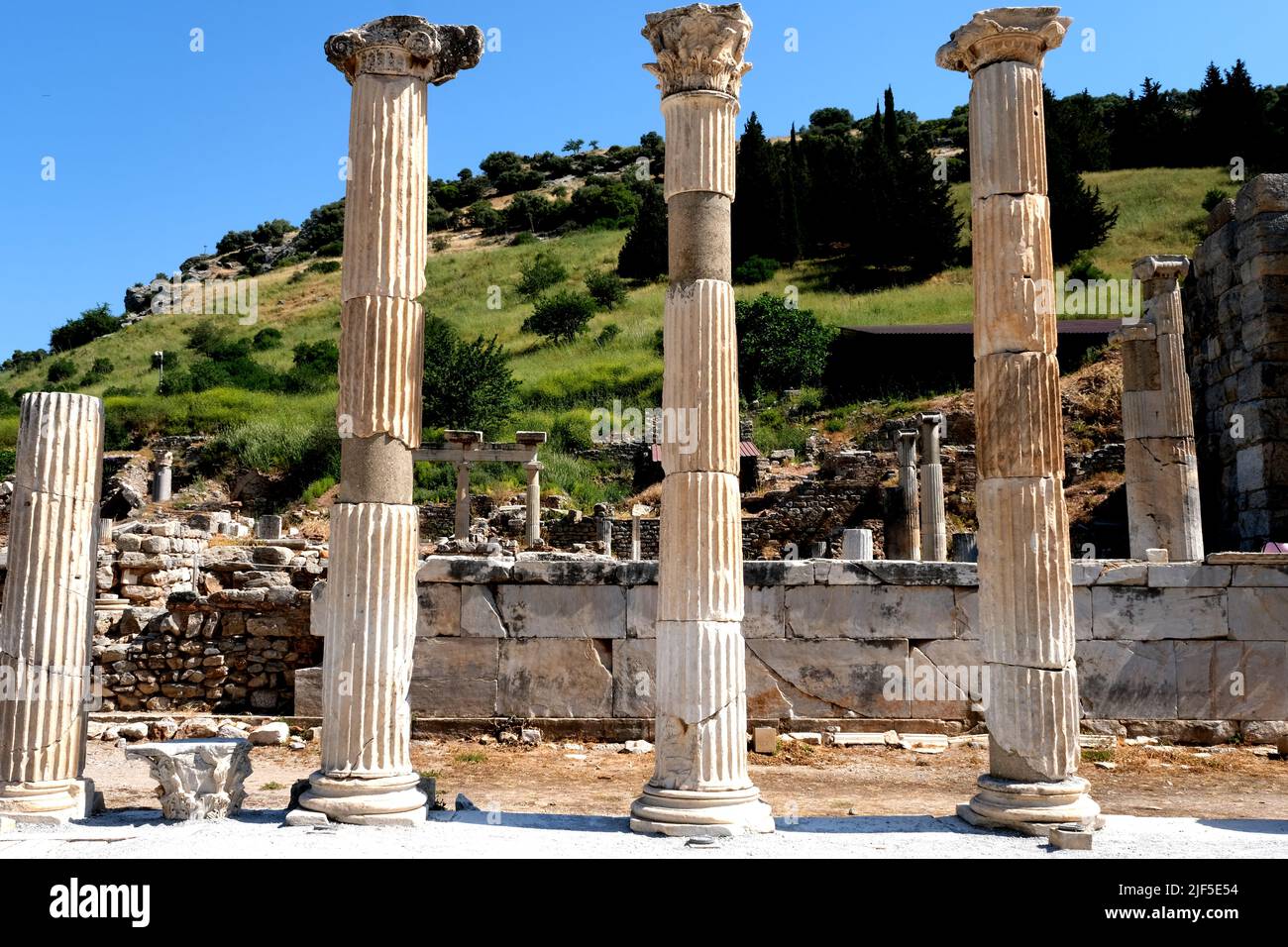 Remnant columns at the ancient city of Ephesus in Turkey Stock Photo