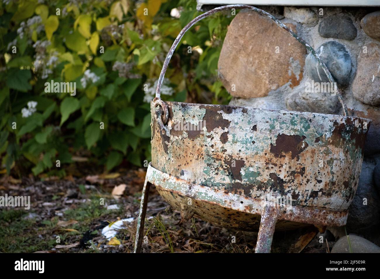 A rusty chipping old bucket on a farm 