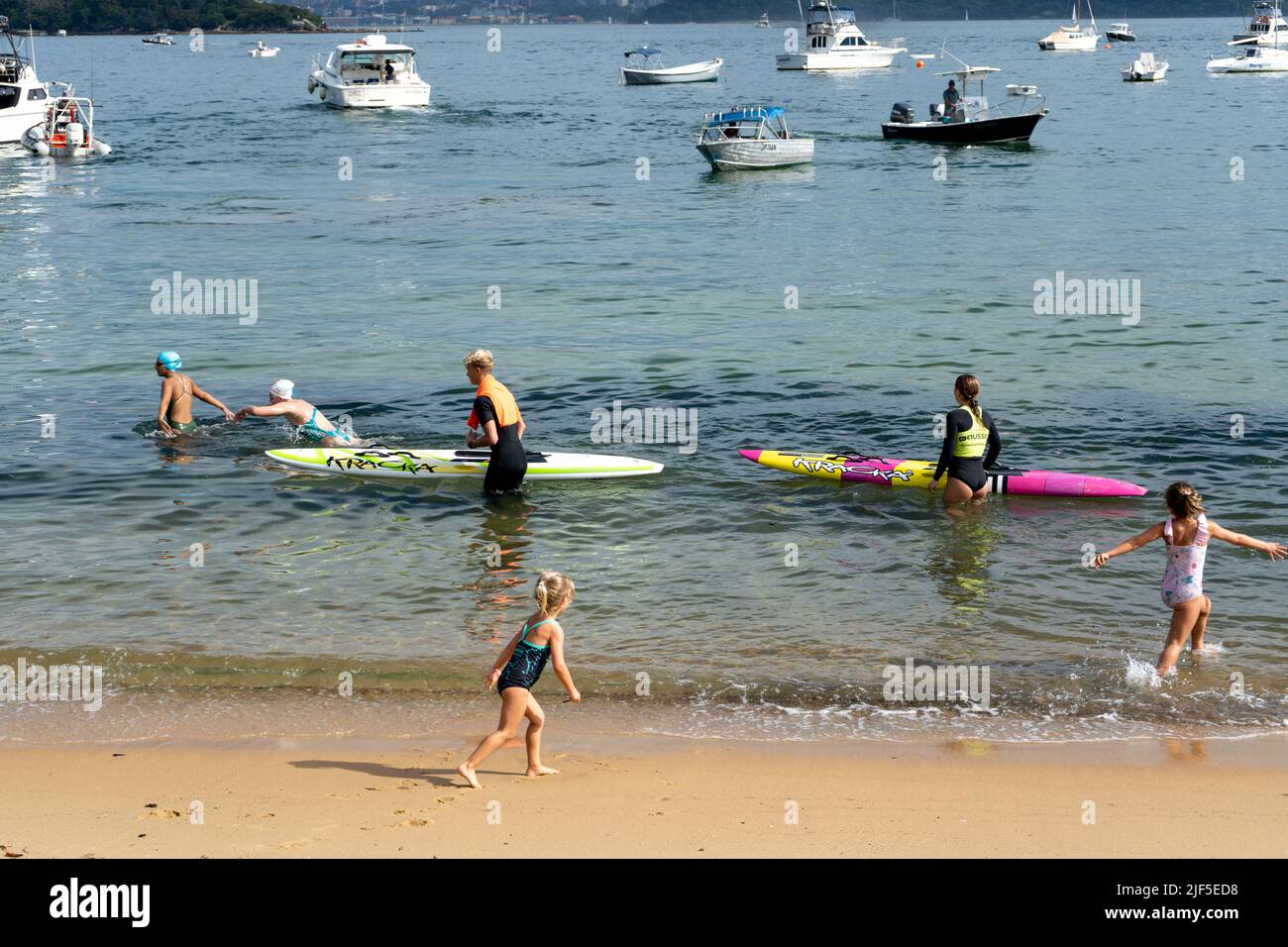 A group of swimmers walking on the beach with their paddle boards in ...
