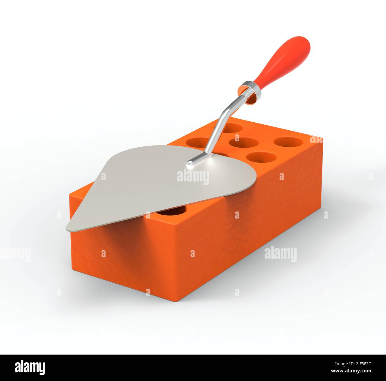 Brick and trowel on a white background. Mason's trowel. Stack of red