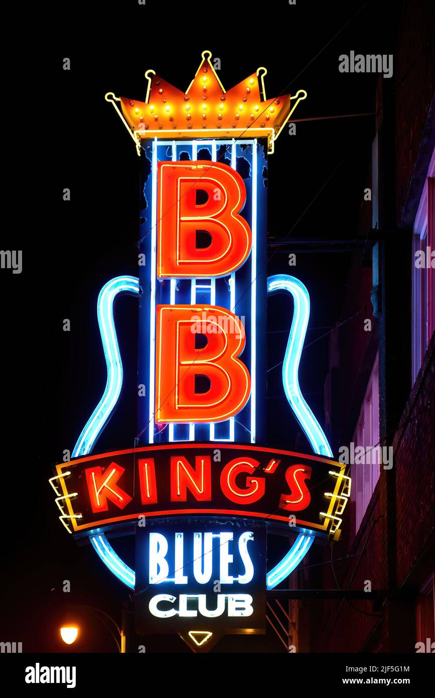 Memphis, TN, USA - September 24, 2019:  Neon sign for BB King’s Blues Club, the original which opened on Beale Street in 1991. The legendary blues sin Stock Photo