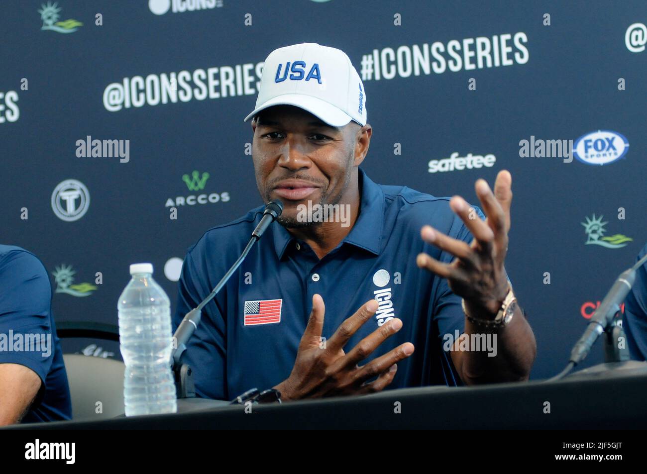 Jersey, United States. 29th June, 2022. Michael Strahan attends the Icons Series Press Conference in Liberty National Golf Club, Jersey City. Credit: SOPA Images Limited/Alamy Live News Stock Photo