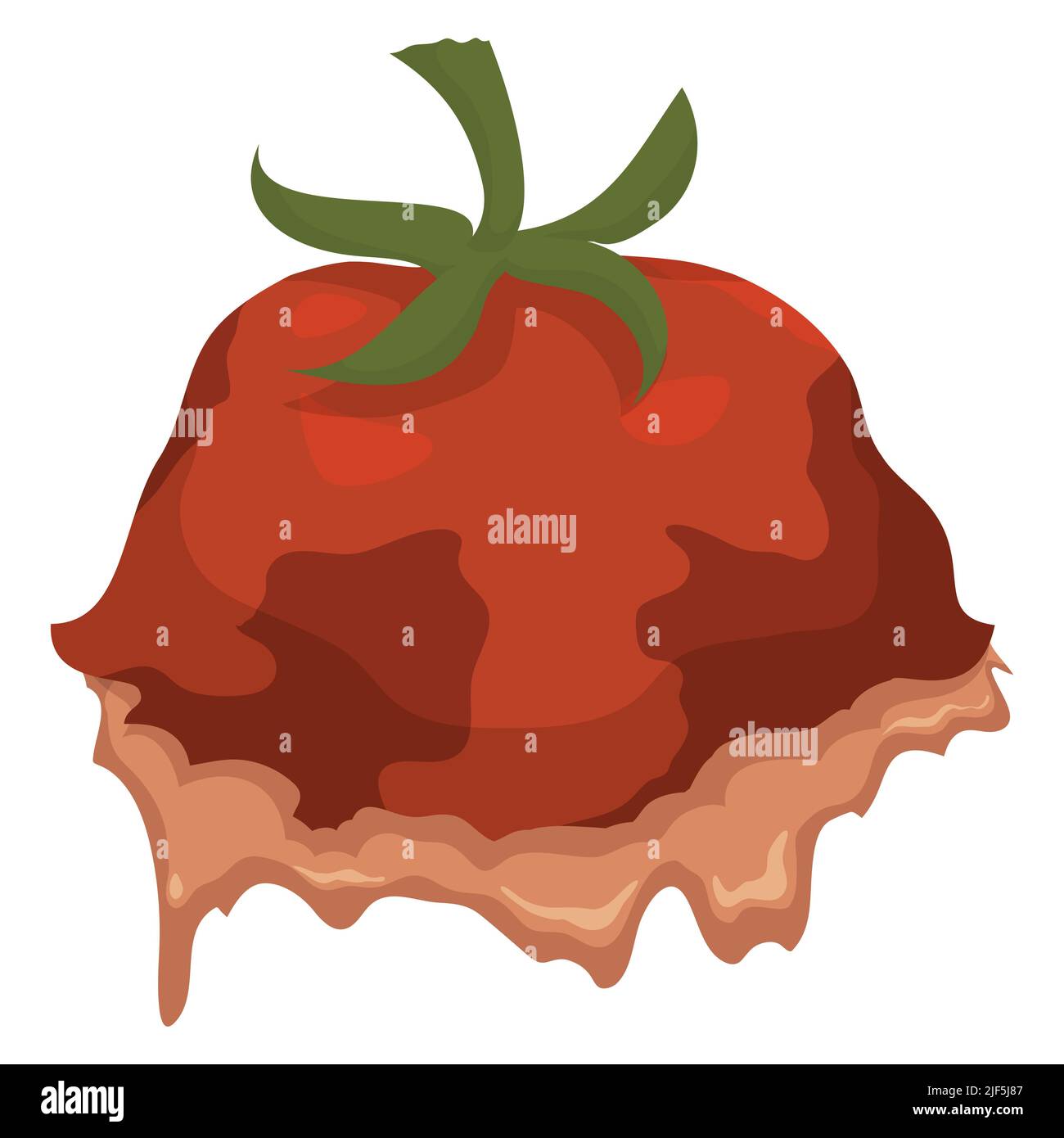 Isolated rotten tomato with stem spilling foul-smelling juice. Design in cartoon style over white background. Stock Vector