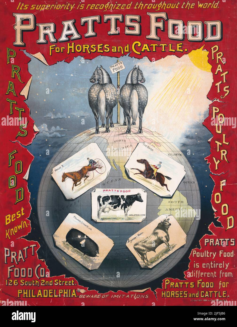 1888 ad for Pratts Food for Horses and Cattle, Philadelphia, Pennsylvania. Lithograph by W. H. Butler. Stock Photo