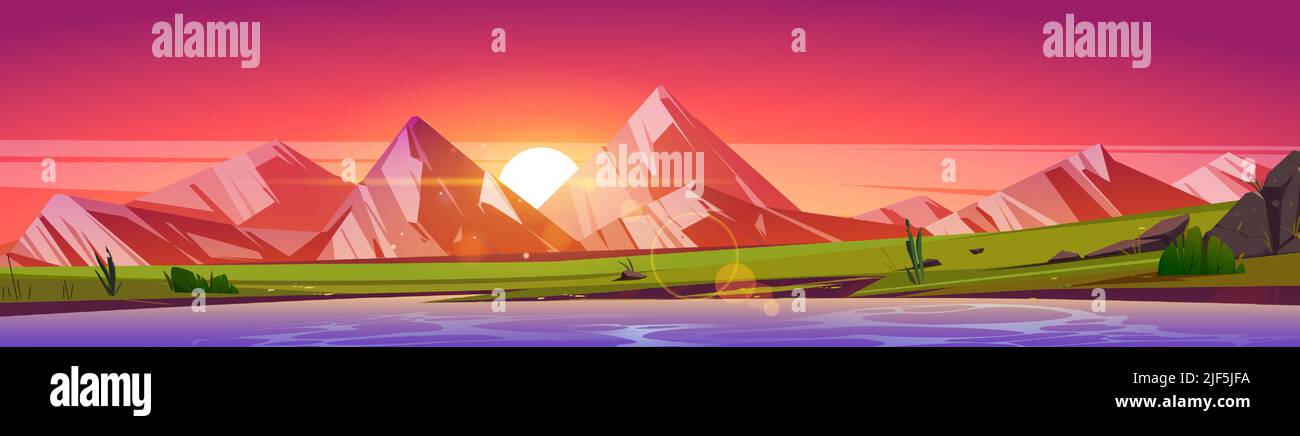 Summer landscape of mountain valley with lake or river at sunset. Vector cartoon illustration of panoramic nature scene with rocks, pond, green grass and sun in red sky on horizon Stock Vector