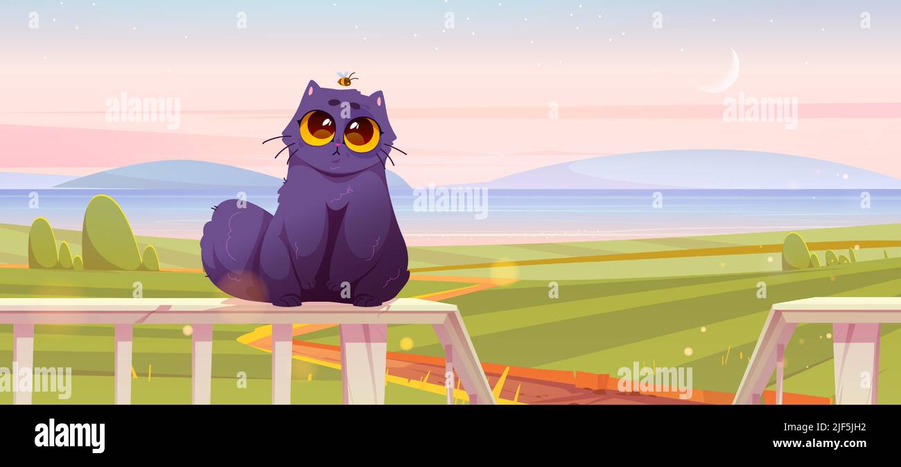 Cute cat sit on wooden terrace fence on rural landscape. Vector cartoon illustration of summer agricultural fields, country road and black funny furry kitten on railing veranda, evening background Stock Vector