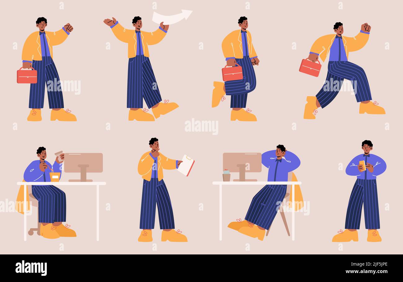 Businessman, office black skin worker poses set. Vector flat illustrations of employee character with briefcase and phone busy at workplace, run, hold arrow and thinking isolated on background Stock Vector