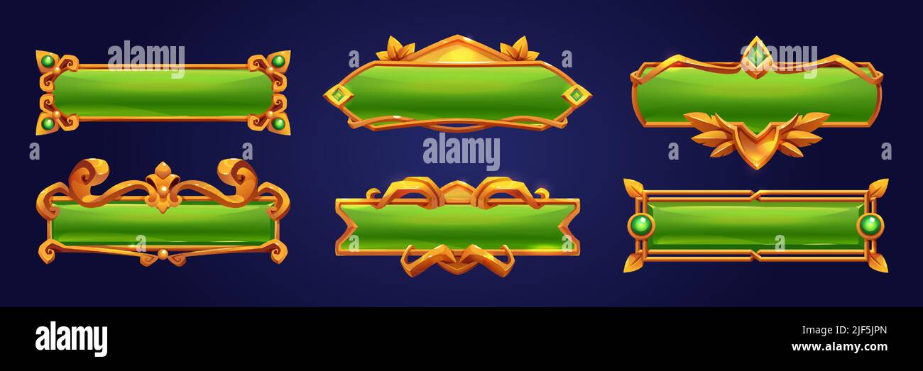 Game buttons with gold frames in medieval style with gems. Vector ...