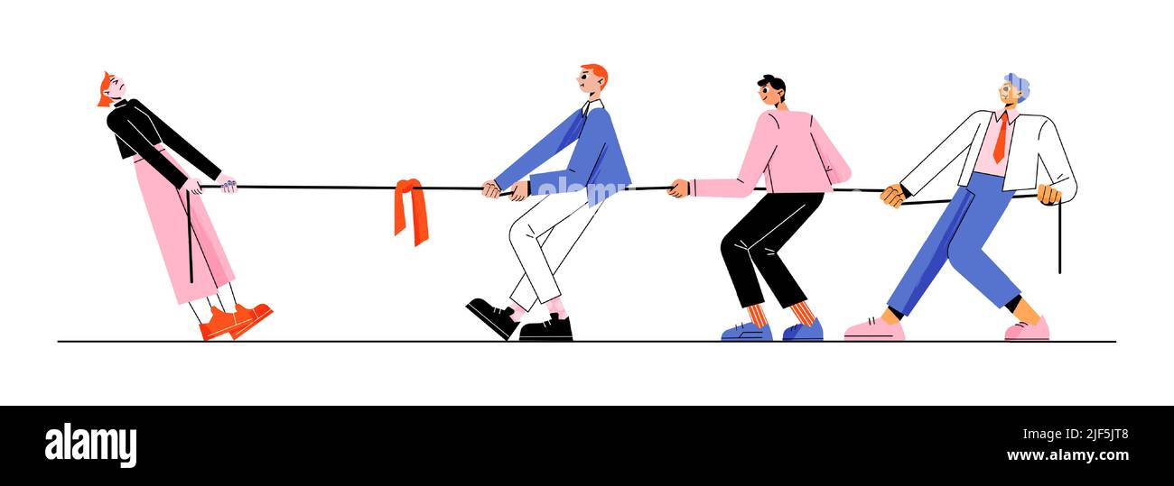 Gender rivalry, men team tug of war with single woman. Male and female business characters wrestling. Office fight for leadership, sexism, misandry, feminism and patriarchy Linear flat vector concept Stock Vector