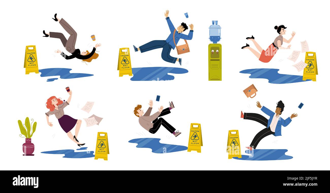 People slip and fall down on wet floor in office with caution sign, cooler and water puddles. Vector flat illustration of characters slide on water or slippery floor, falling and drop cups and phones Stock Vector