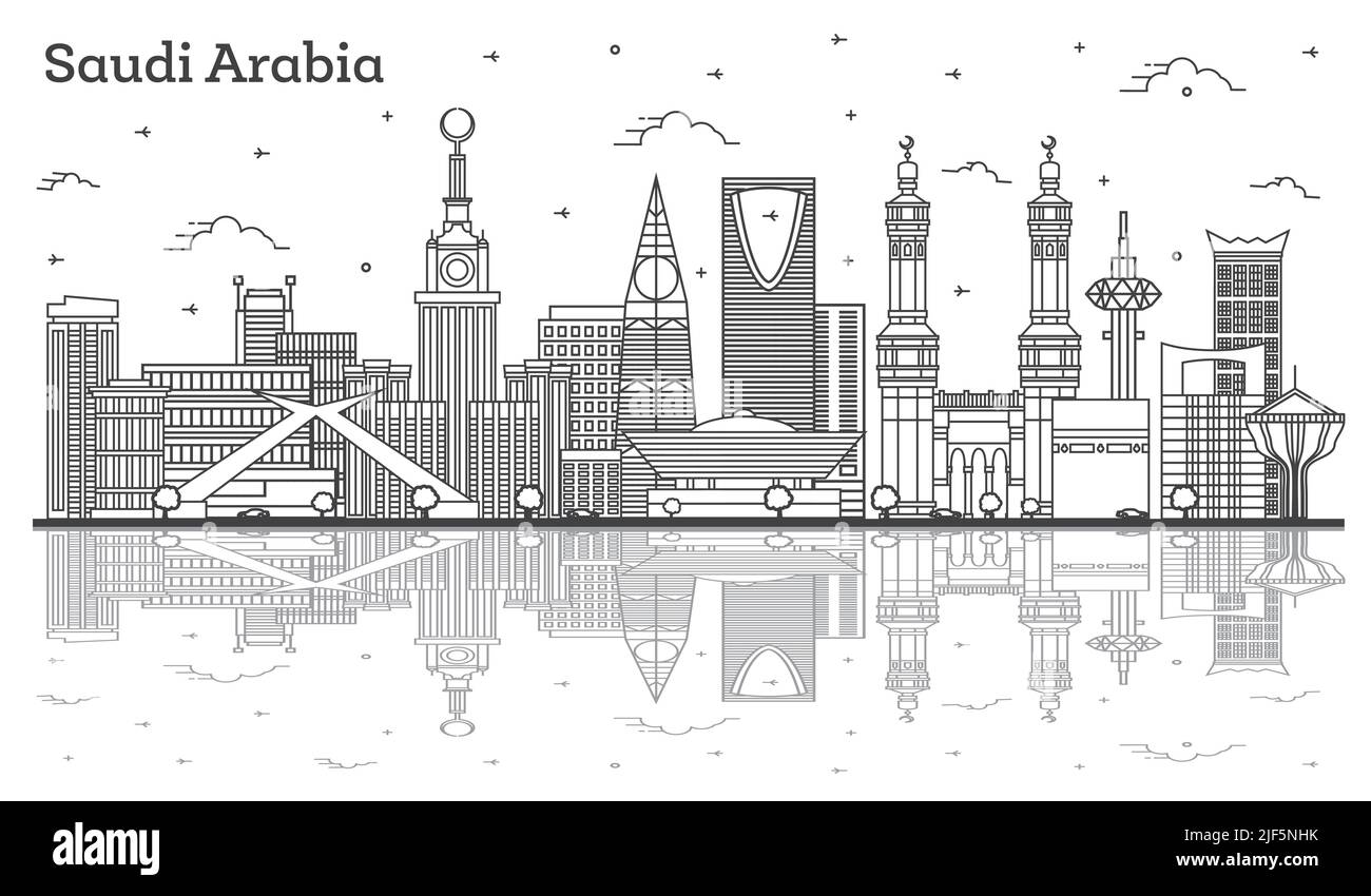 Outline Saudi Arabia City Skyline with Historic and Modern Buildings and Reflections Isolated on White. Vector Illustration. Stock Vector