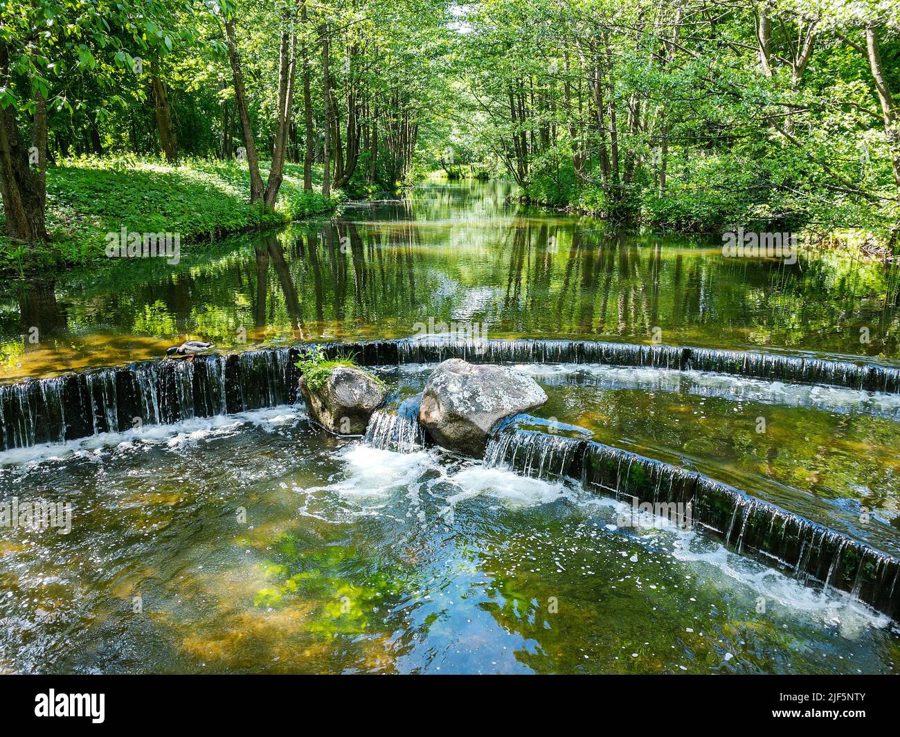 picturesque cascading waterfall on river in the sunny summer park Stock Photo