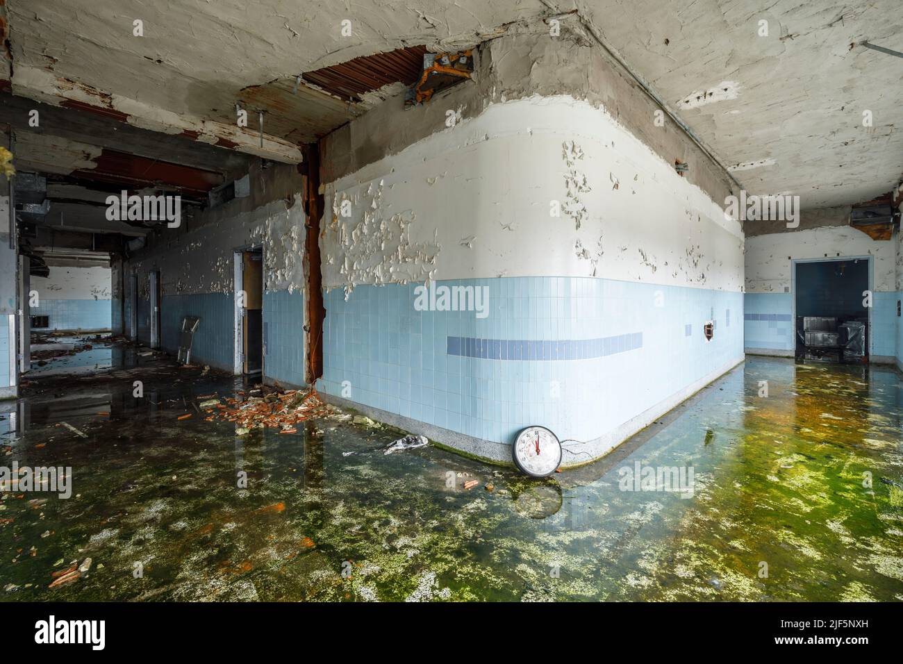 A hallway inside an abandoned hospital. Stock Photo