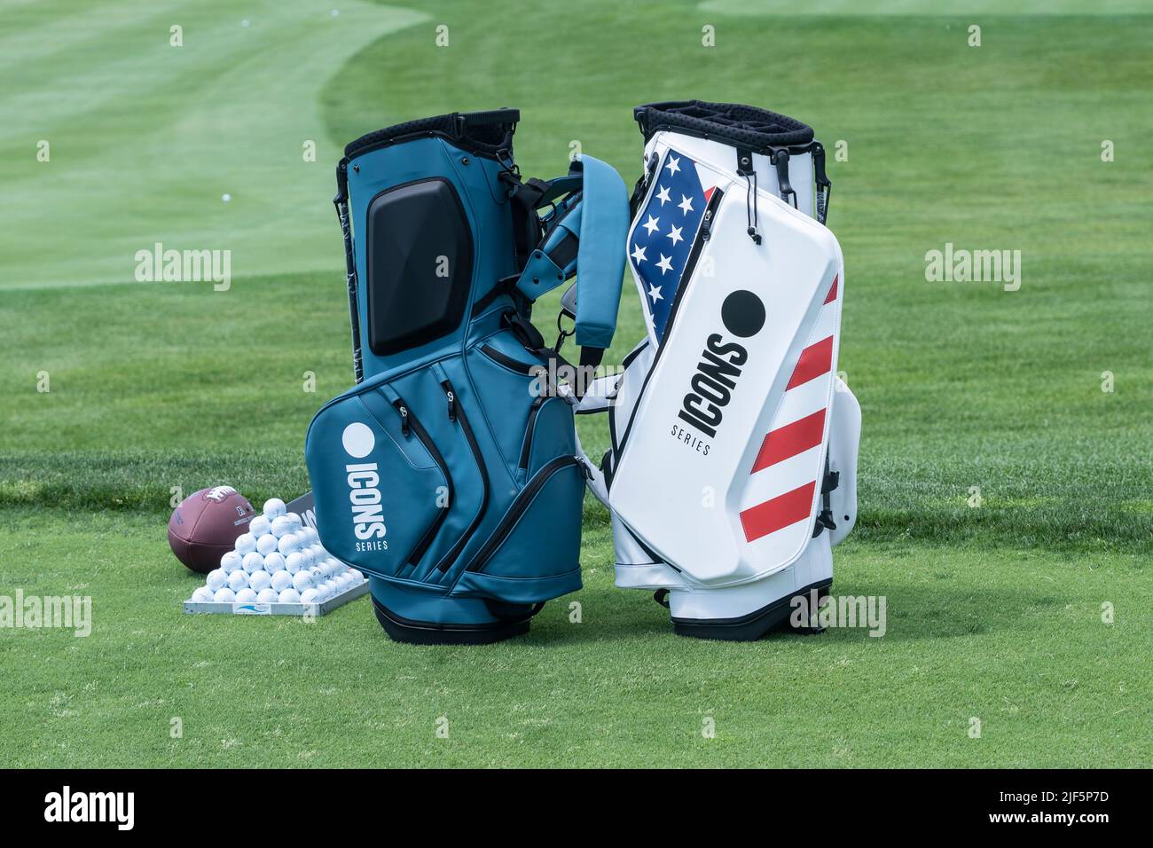 Jersey City, NJ - June 29, 2022: Specially made for Icons Series Inaugural Event golf bags on display at Liberty National Golf Club Stock Photo