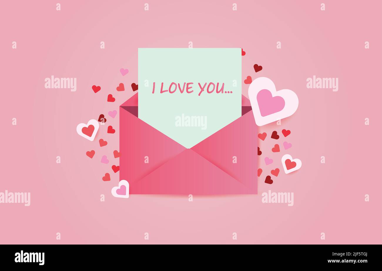 Pink opened envelope with message I LOVE YOU. Letter on valentines day ...